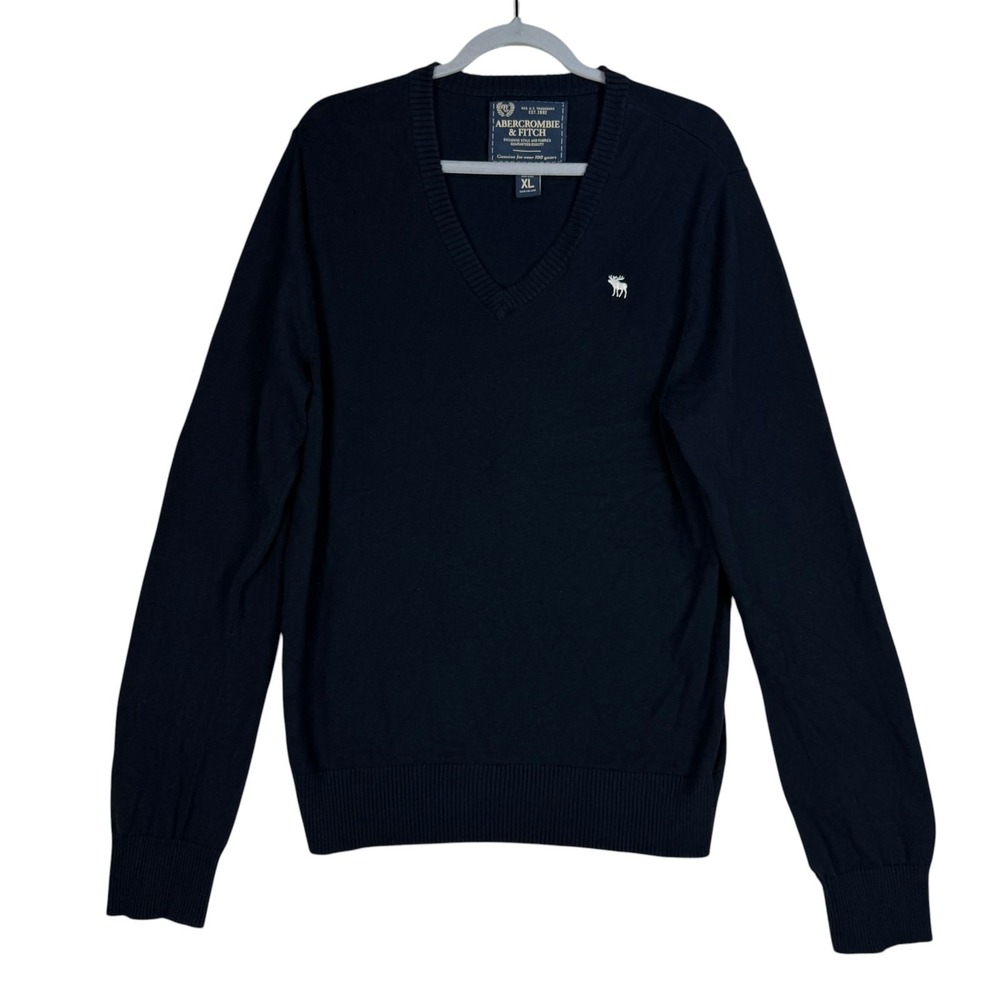 Abercrombie & Fitch Sweater Men XL Navy Cotton Barasingha Logo Tight Knit V Neck